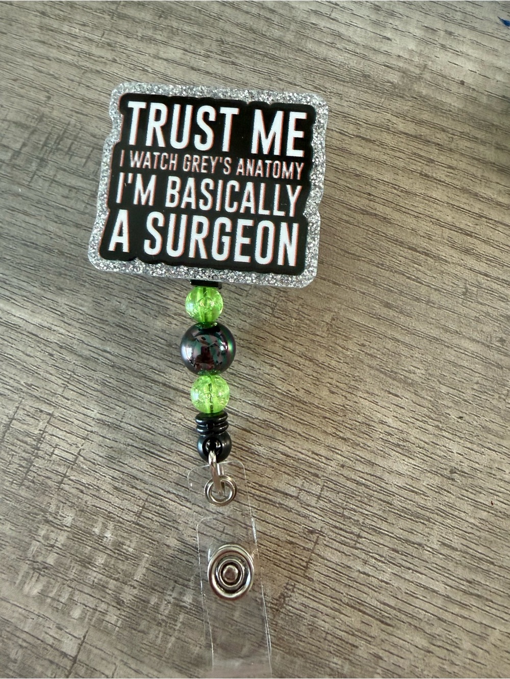 Green Beaded Retractable ID Badge Reel - 'Trust Me' Surgeon Quote